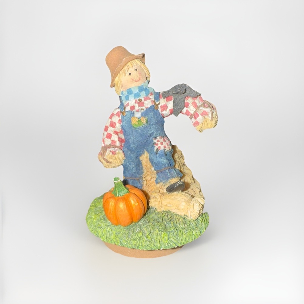 Rustic Fall Harvest Scarecrow Figurine with Pumpkin and Crow Autumn Decor
